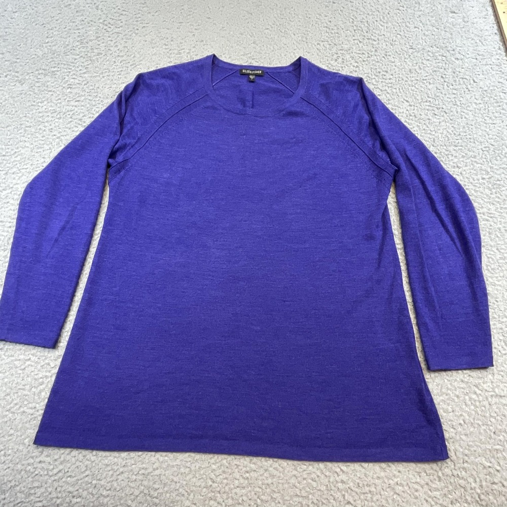 Eileen Fisher Sweater Womens Large Purple 100% Merino Wool Crew Neck Pullover